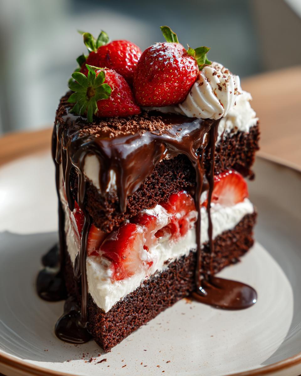 Close-up of a slice of Chocolate Strawberry Drip Cake with fresh strawberries and chocolate ganache.