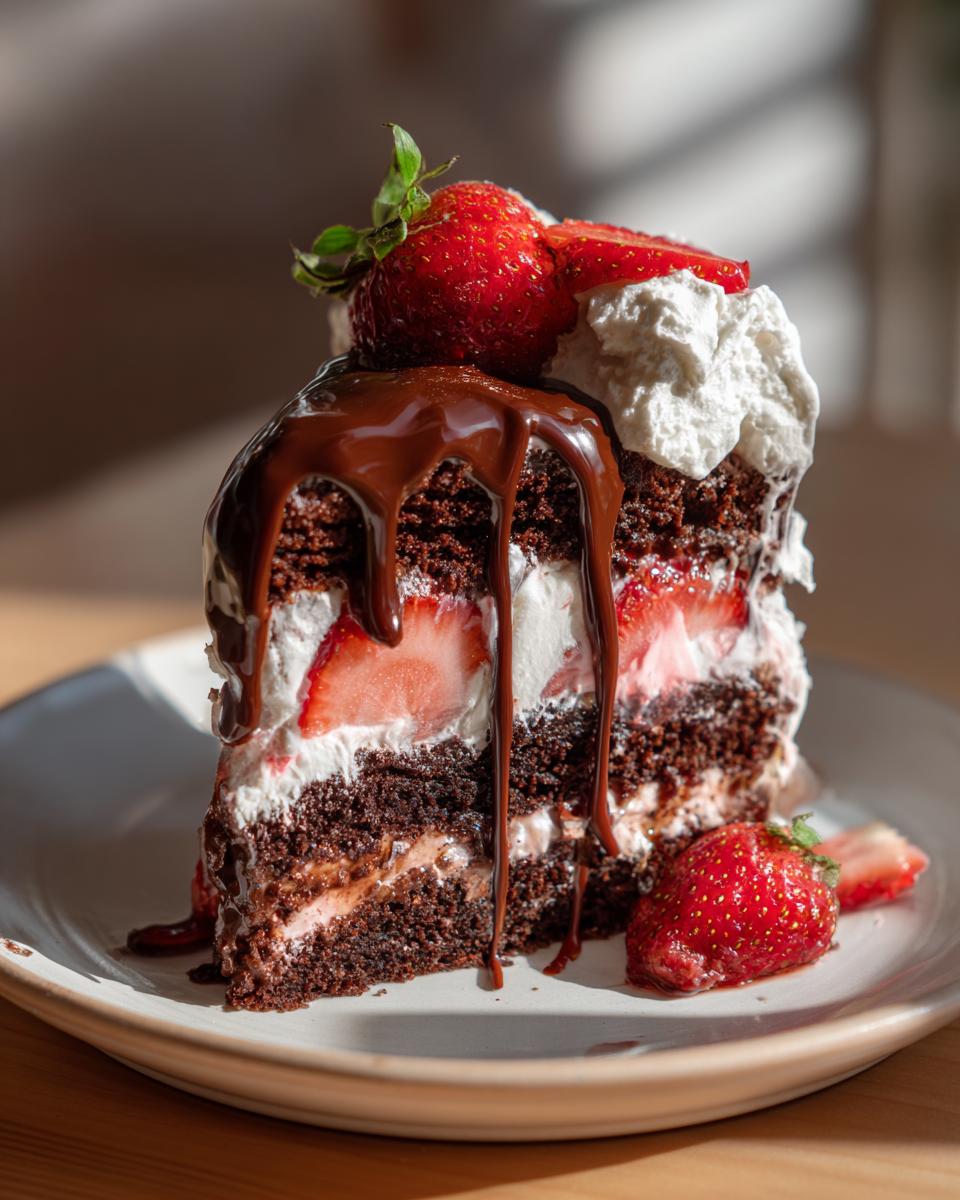 A slice of Chocolate Strawberry Drip Cake with fresh strawberries and chocolate ganache.