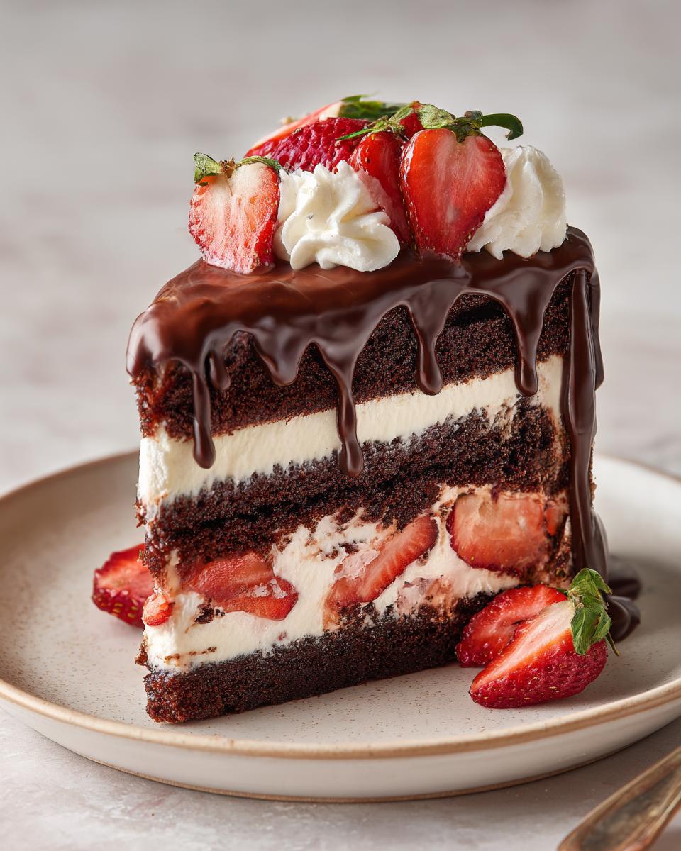 A slice of Chocolate Strawberry Drip Cake with chocolate ganache, fresh strawberries, and whipped cream.