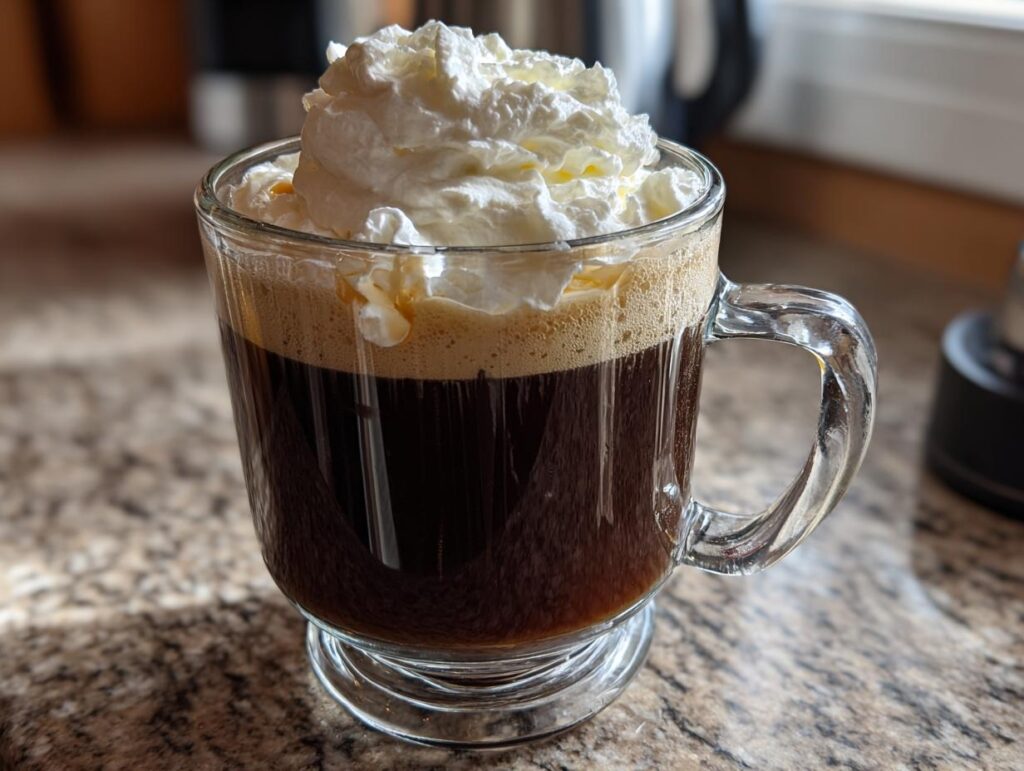 A glass of Classic Irish Coffee topped with a generous swirl of whipped cream.