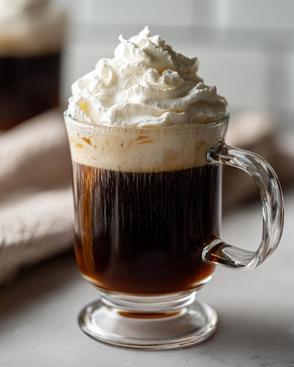 A glass of Classic Irish Coffee with a generous swirl of whipped cream on top.