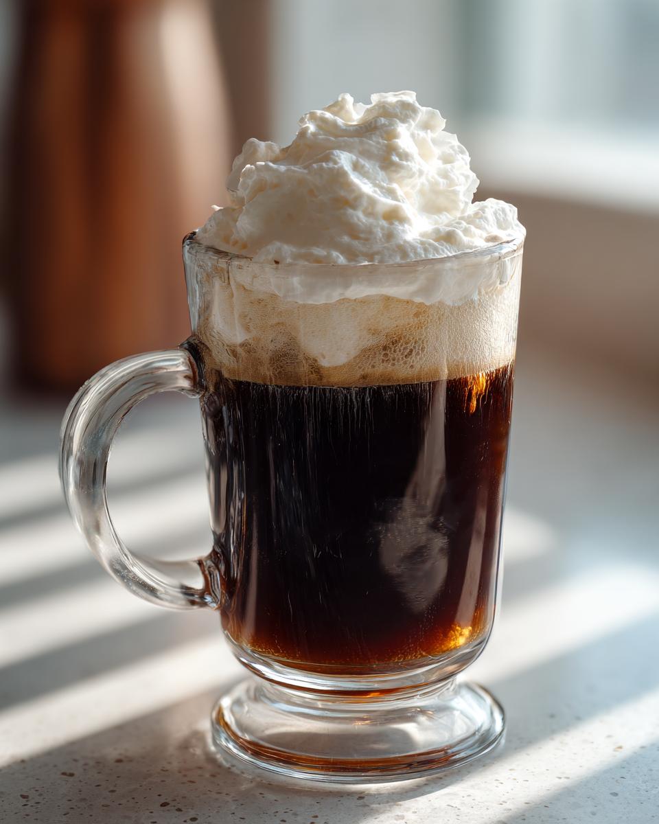 A glass of Classic Irish Coffee with a generous topping of whipped cream.