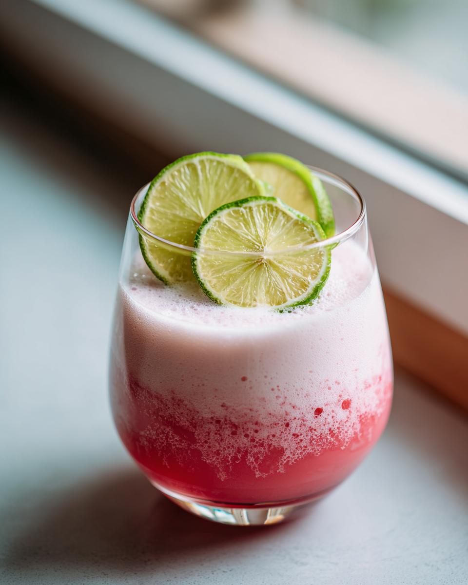 A glass of Coconut Strawberry Soup with Lime, garnished with lime slices.