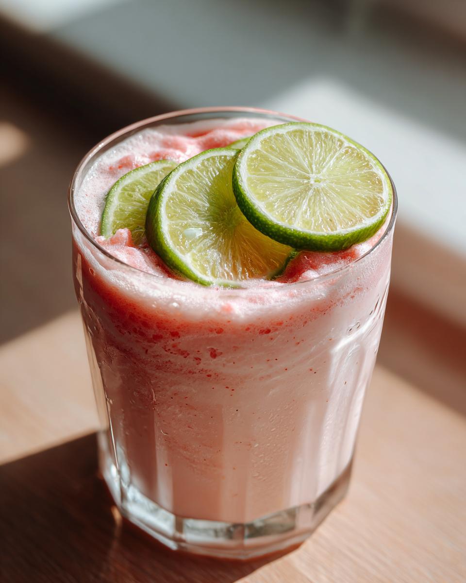 Glass of Coconut Strawberry Soup with Lime, garnished with lime slices.