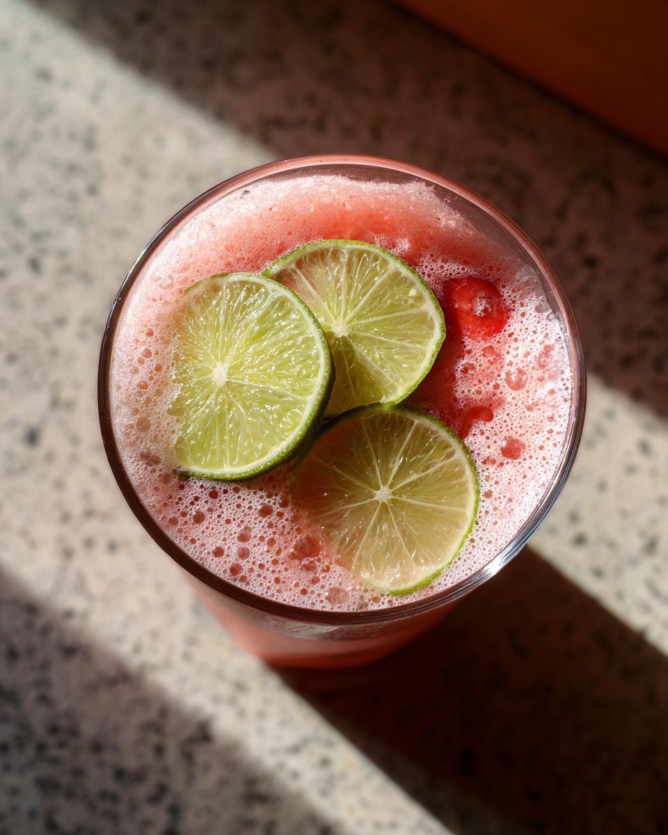 Overhead view of a glass of Coconut Strawberry Soup with Lime, garnished with lime slices.