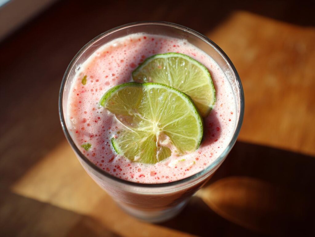 Close-up of a glass of Coconut Strawberry Soup with Lime, garnished with lime slices.