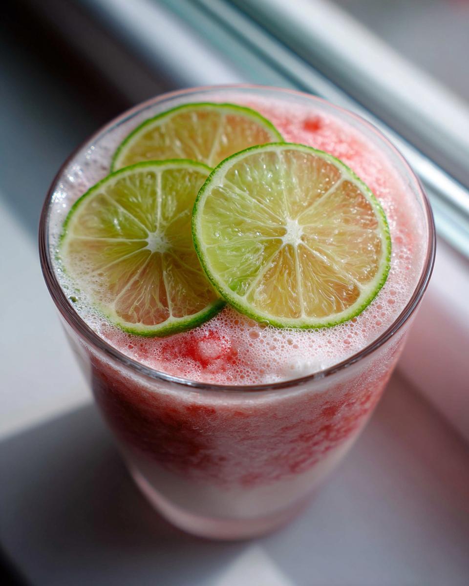Close-up of a glass of Coconut Strawberry Soup with Lime, garnished with lime slices.