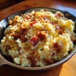 Close-up of a Colcannon Mashed Potato Skillet topped with crispy bacon.