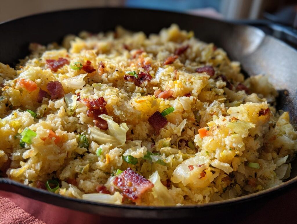 Close-up of a Colcannon Mashed Potato Skillet with bacon and vegetables.