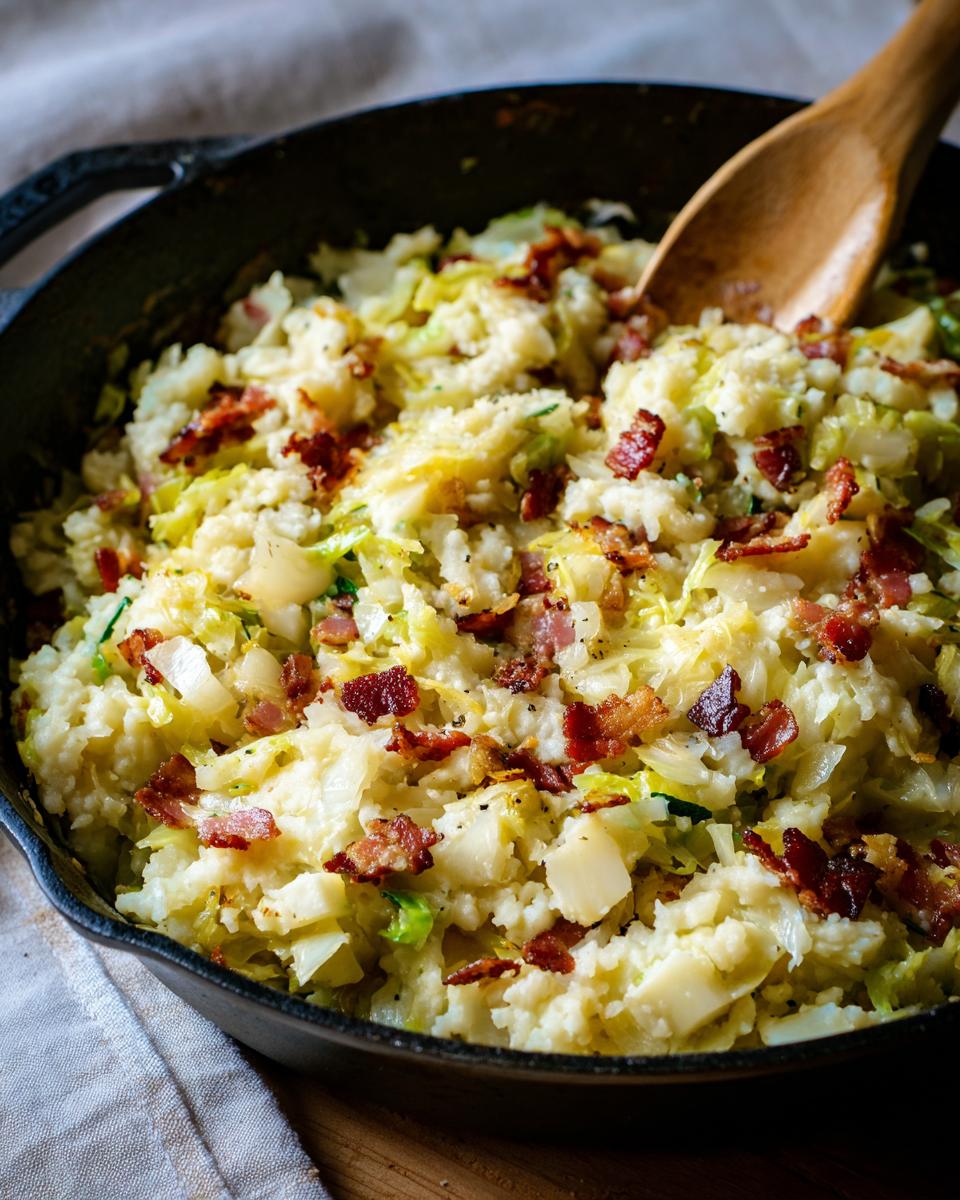 Close-up of a Colcannon Mashed Potato Skillet with cabbage, potatoes, and bacon.