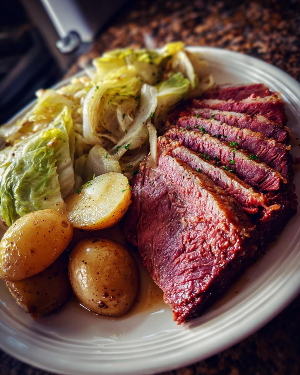 A plate of Traditional Corned Beef and Cabbage Platter, with sliced corned beef, cabbage, and potatoes.