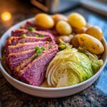 A close-up of a Traditional Corned Beef and Cabbage Platter with sliced corned beef, cabbage, and potatoes.