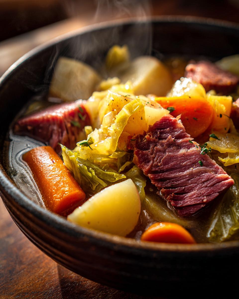 Close-up of a bowl of steaming Corned Beef and Cabbage Stew with beef, cabbage, carrots, and potatoes.
