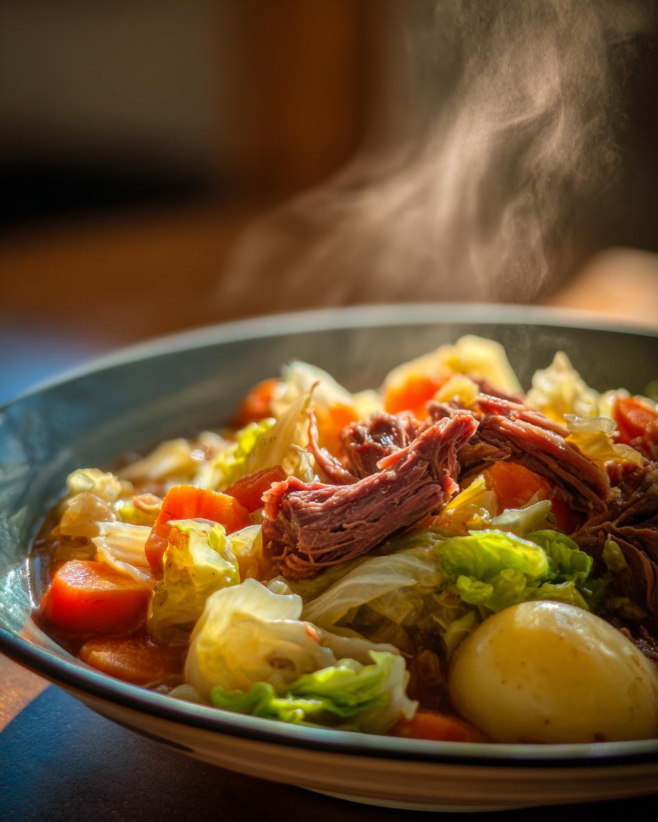 Close-up of a bowl of Corned Beef and Cabbage Stew with steam rising, showing beef, cabbage, carrots, and egg.