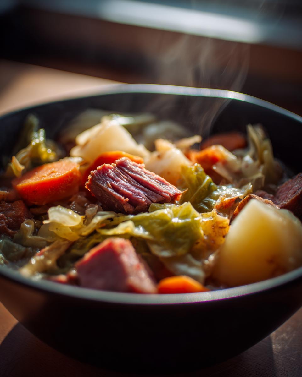 Close-up of a bowl of Corned Beef and Cabbage Stew with visible beef, cabbage, and carrots.