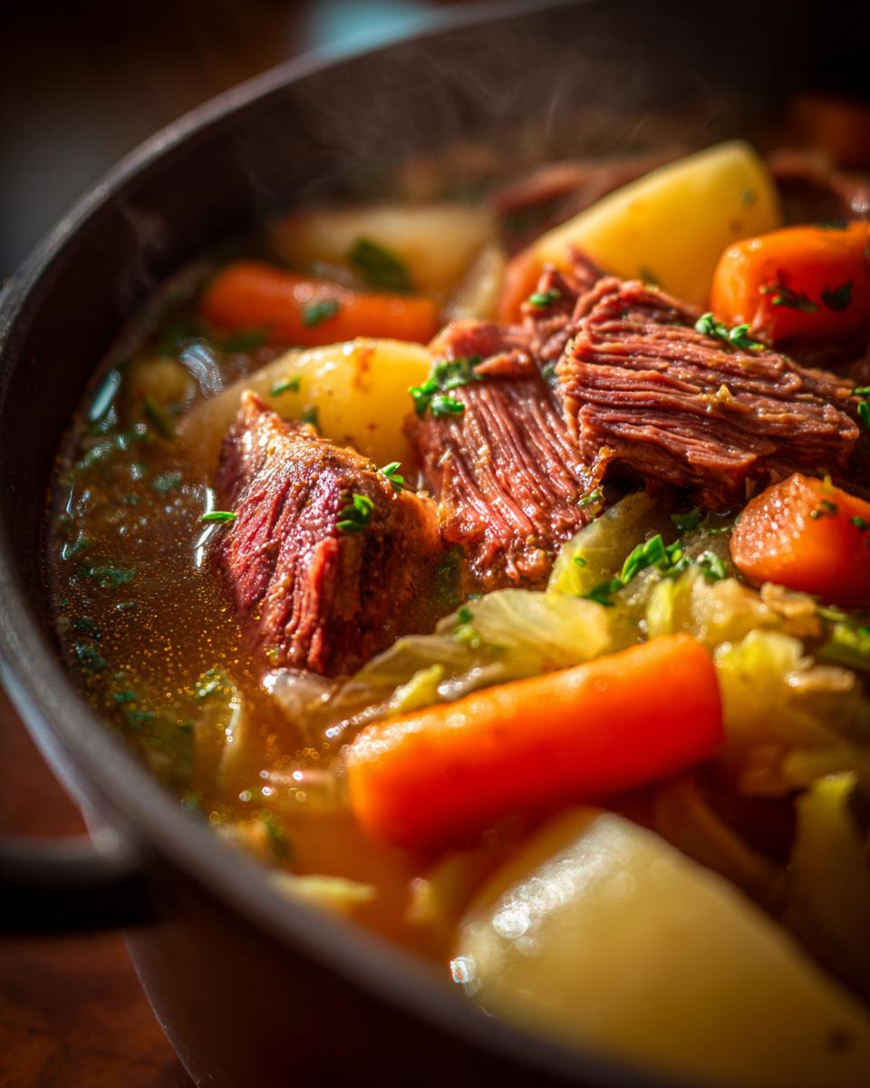 Close-up of a pot of Corned Beef and Cabbage Stew with beef, carrots, potatoes, and cabbage.