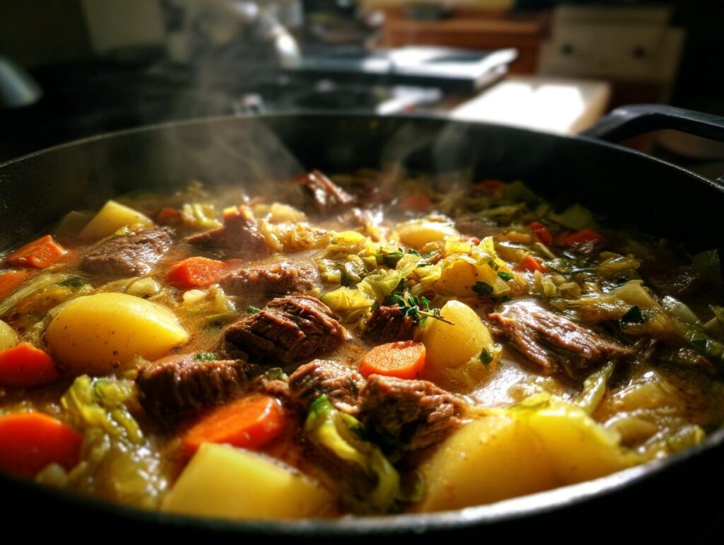 Close-up of a pot of steaming Corned Beef and Cabbage Stew with potatoes, carrots, and cabbage.