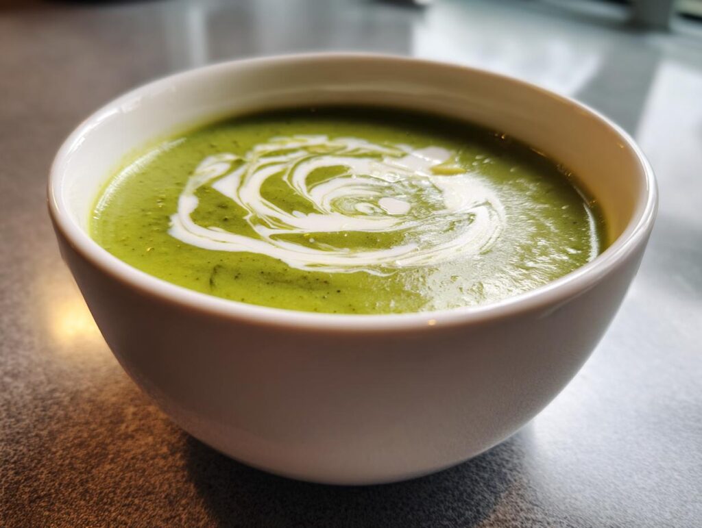 Close-up of a bowl of creamy asparagus soup, garnished with cream swirl.