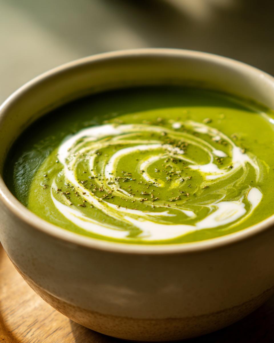 Close-up of a bowl of creamy asparagus soup, garnished with cream and herbs.