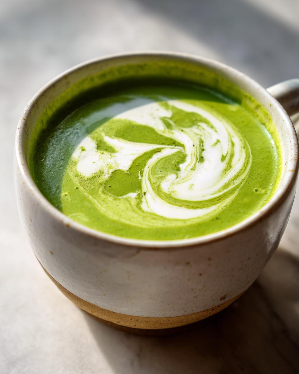 Close-up of creamy asparagus soup in a mug with a swirl of cream.