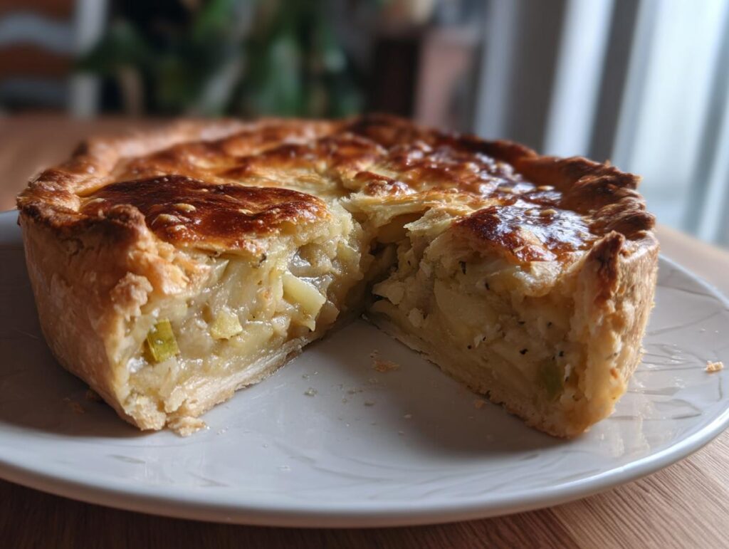 A slice of Creamy Leek and Potato Pie, showing the filling and golden crust.