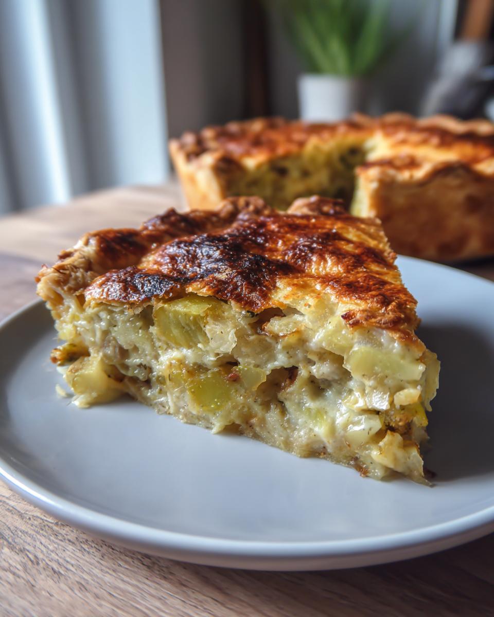 Close-up of a slice of Creamy Leek and Potato Pie on a plate, showing the filling and crust.
