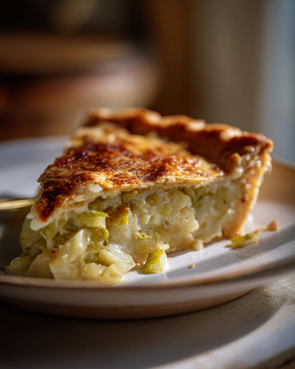 A slice of Creamy Leek and Potato Pie on a plate, showing the filling.