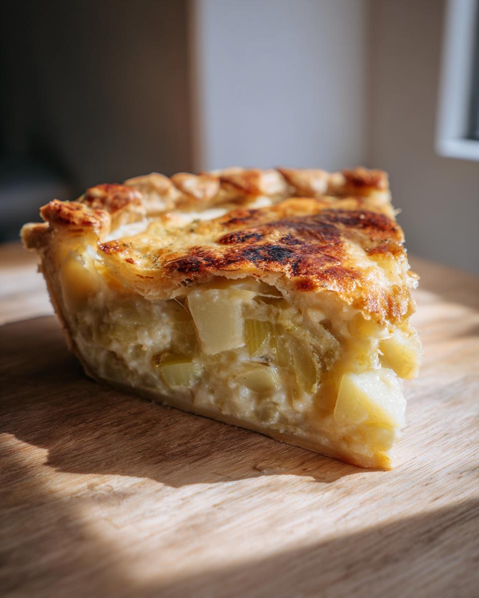 A slice of Creamy Leek and Potato Pie on a wooden board, showing the filling and crust.