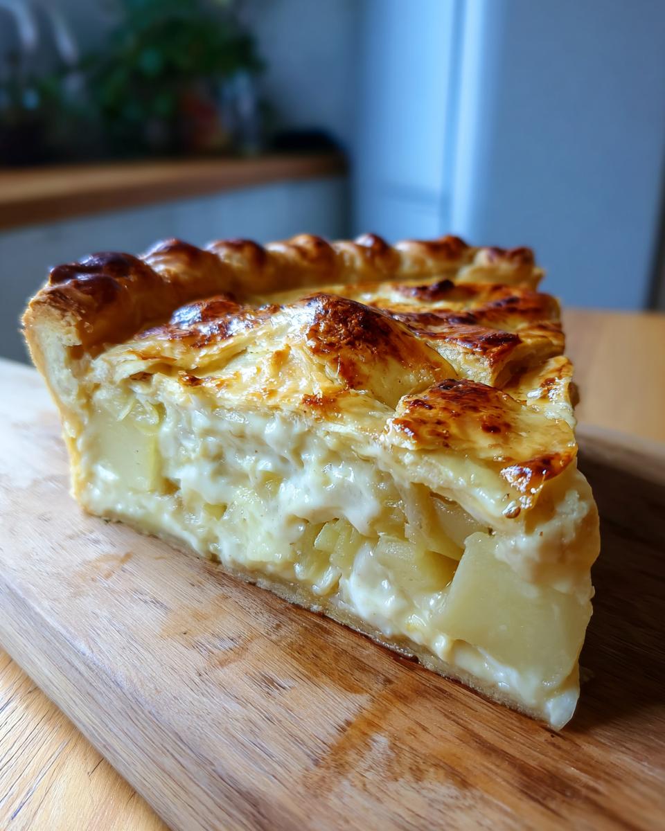 A slice of Creamy Leek and Potato Pie on a wooden board, showing the filling and crust.