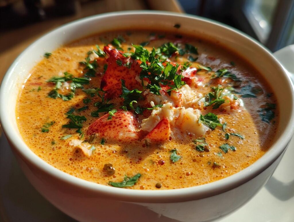 Close-up of a bowl of creamy lobster bisque, garnished with fresh herbs and lobster meat.