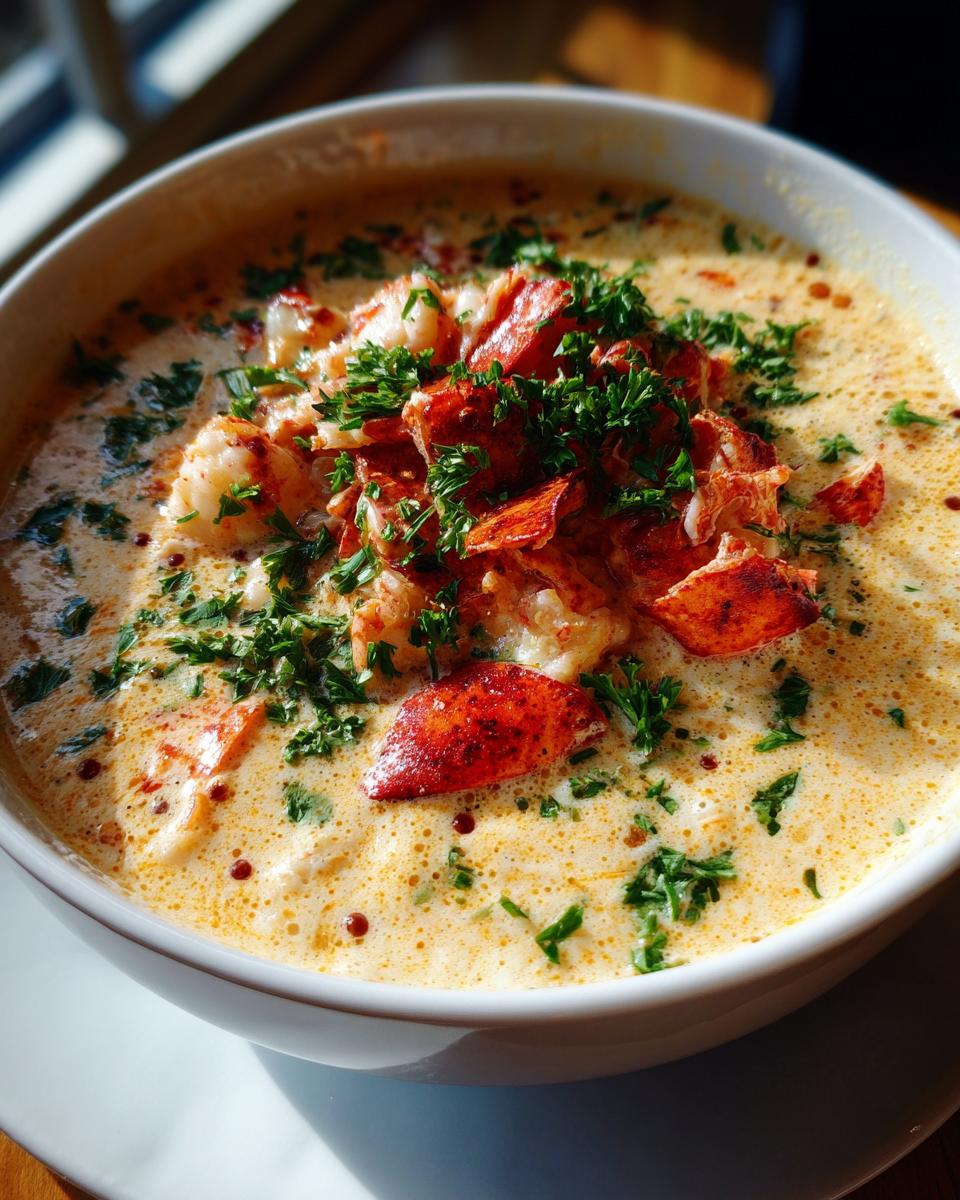 Close-up of a bowl of Creamy Lobster Bisque with chunks of lobster and fresh parsley garnish.