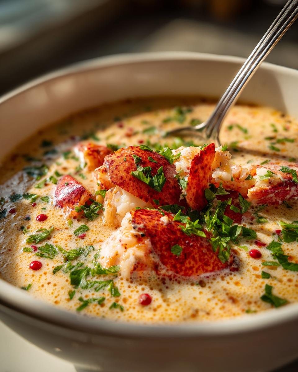 Close-up of creamy lobster bisque with chunks of lobster, pink peppercorns, and fresh herbs. The Creamy Lobster Bisque is delicious!