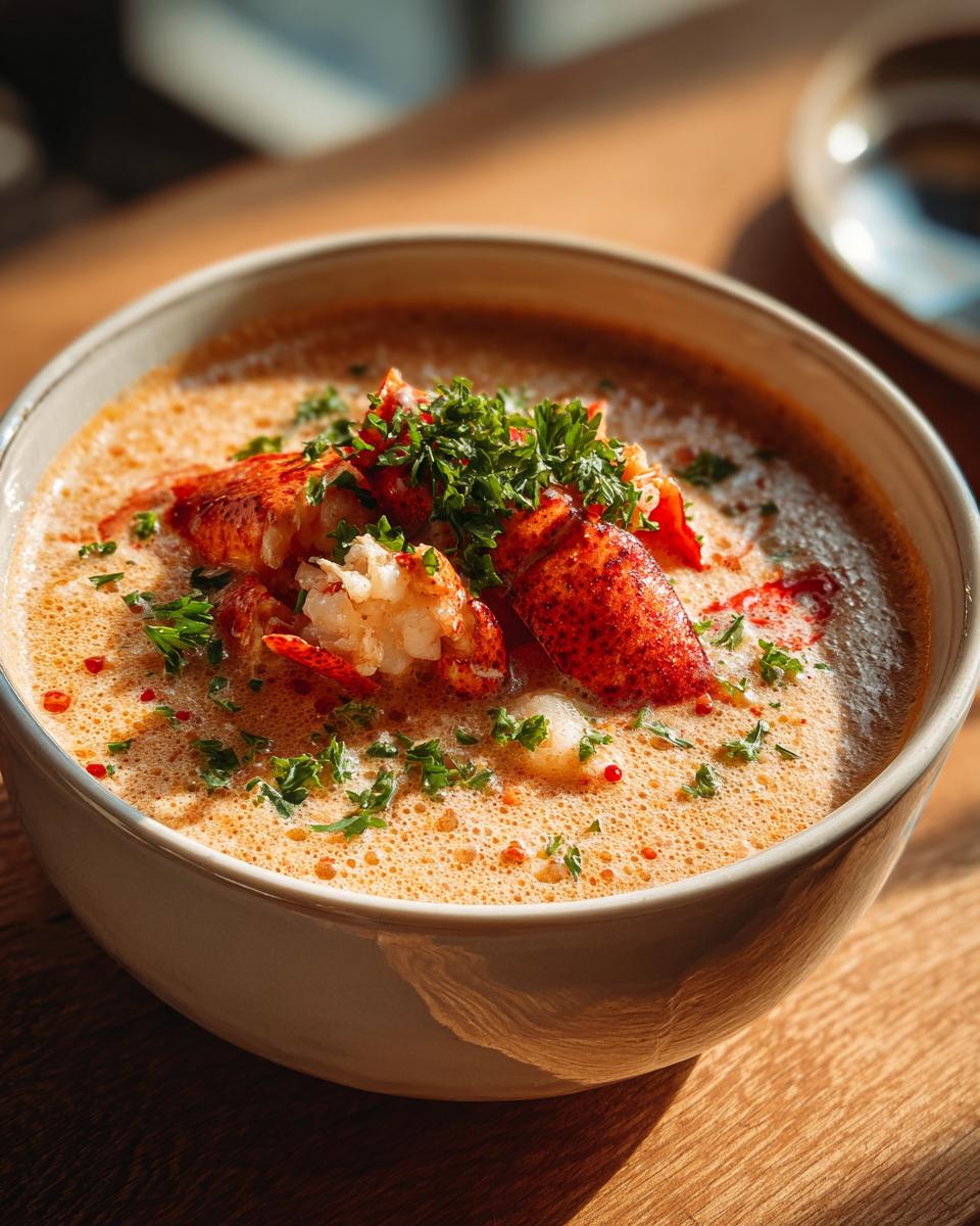 Close-up of a bowl of Creamy Lobster Bisque with lobster meat and fresh herbs.