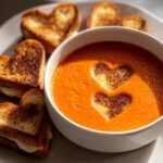 A bowl of creamy tomato soup with heart-shaped grilled cheese sandwiches.
