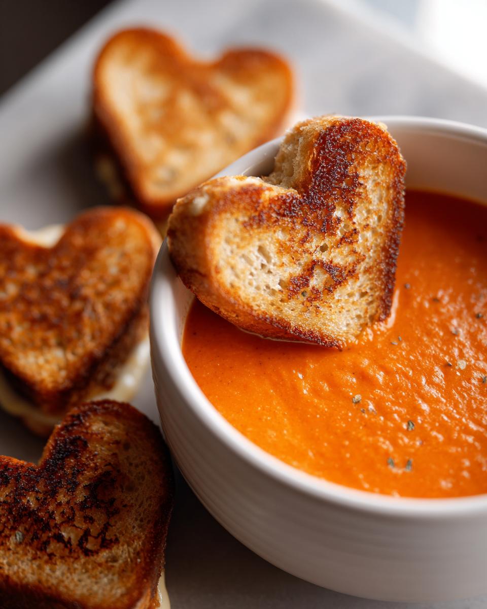 Bowl of creamy tomato soup with heart-shaped grilled cheese sandwiches, the perfect comfort food. Featuring the Creamy Tomato Soup.