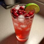 A vibrant glass of Cupid's Cranberry Vodka Fizz cocktail with cranberries and lime.