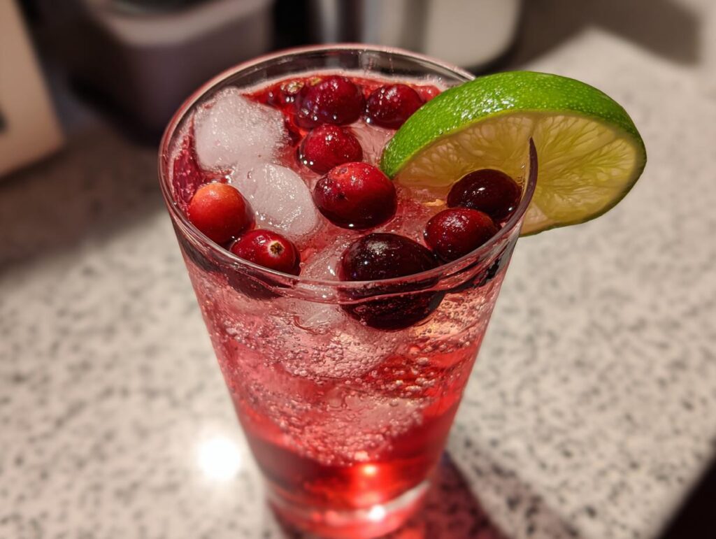 Close-up of a Cupid's Cranberry Vodka Fizz cocktail with cranberries and lime.
