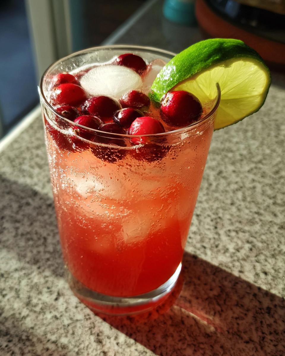 A vibrant Cupid's Cranberry Vodka Fizz cocktail with cranberries and lime.