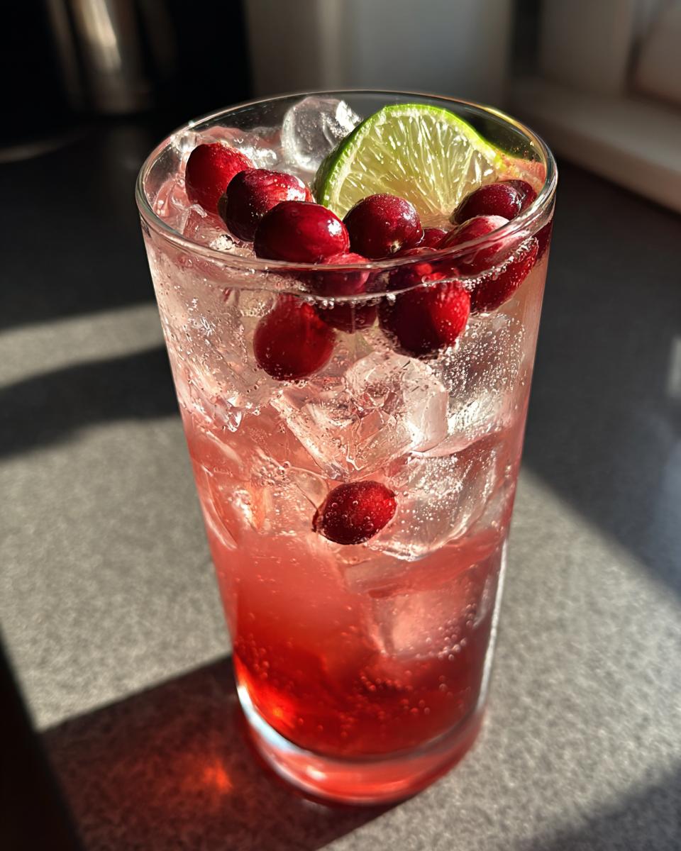 A vibrant Cupid's Cranberry Vodka Fizz cocktail in a glass with cranberries and lime.