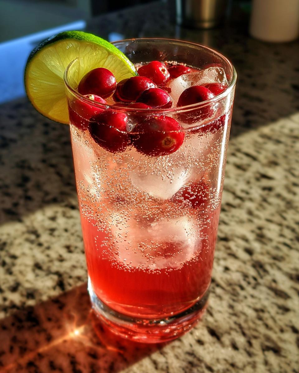 A vibrant Cupid's Cranberry Vodka Fizz cocktail with cranberries and lime.