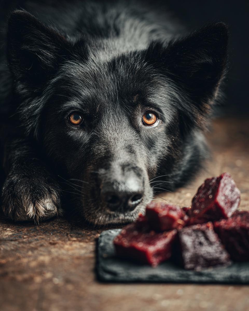 Black dog looking at a plate of Beef Liver Love Bites for Dogs.