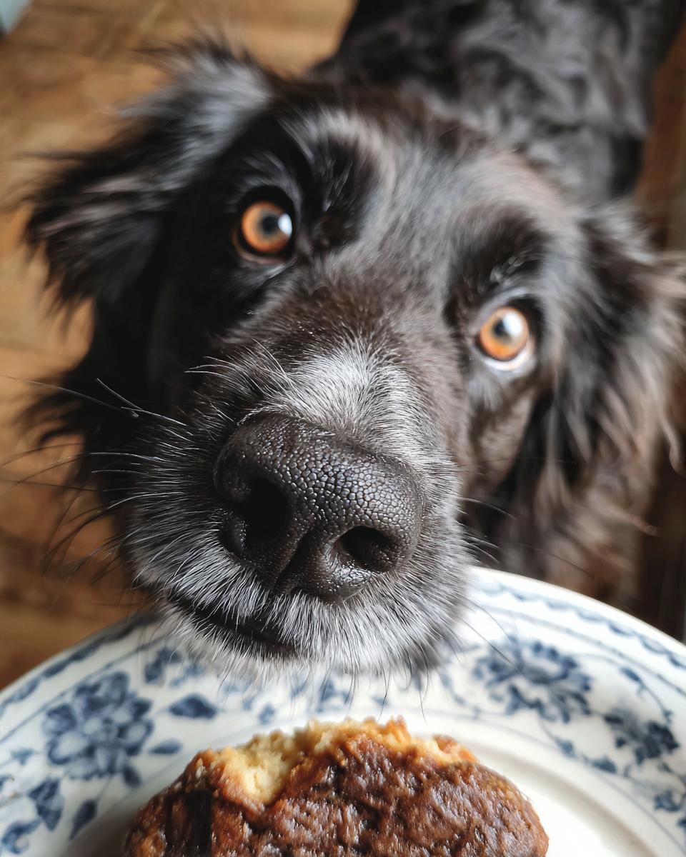 Close-up of a black dog looking at a Hearts and Bones dog treat on a plate.