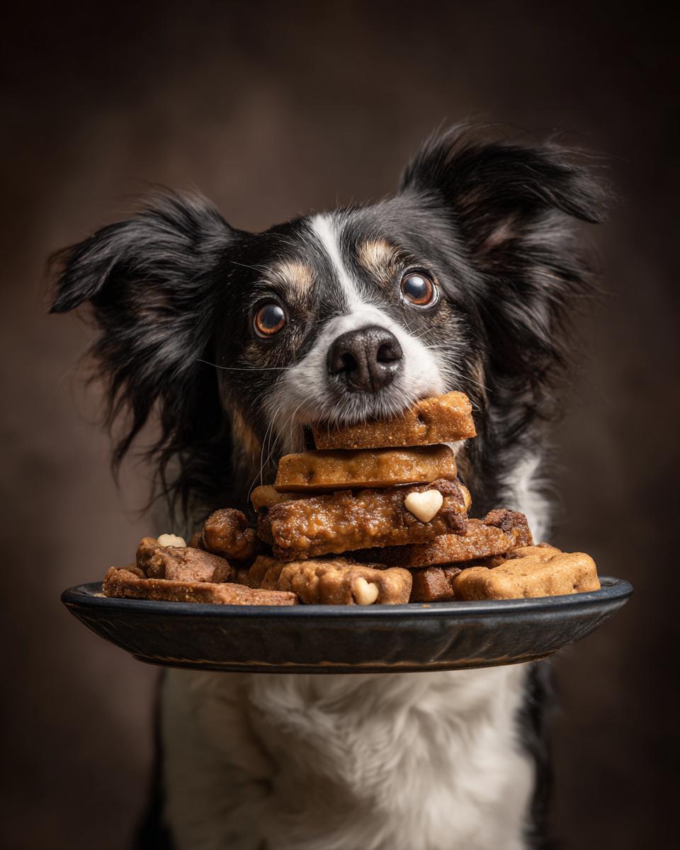 A dog holding a platter of homemade Hearts and Bones dog treats.