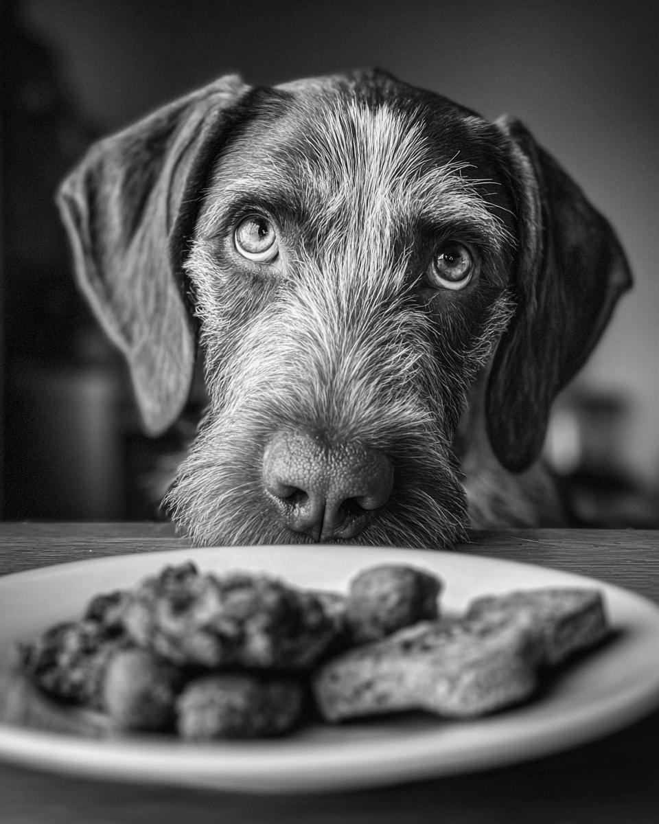 A dog gazing intently at a plate of homemade Hearts and Bones dog treats.