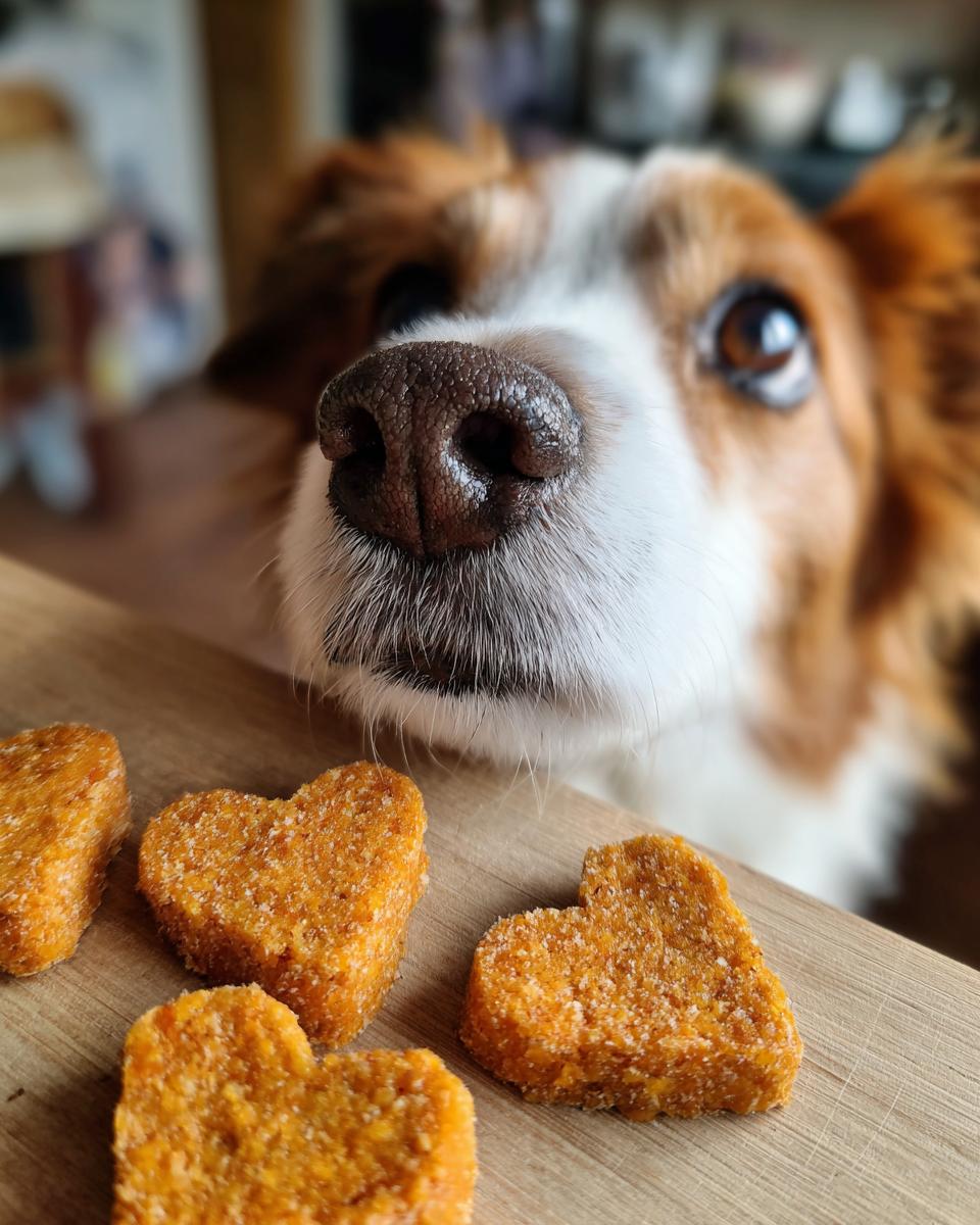 A dog looking at sweet potato heart dog treats. The treats are on a wooden surface.