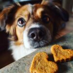 Dog looking at sweet potato heart dog treats, ready to enjoy a tasty snack.