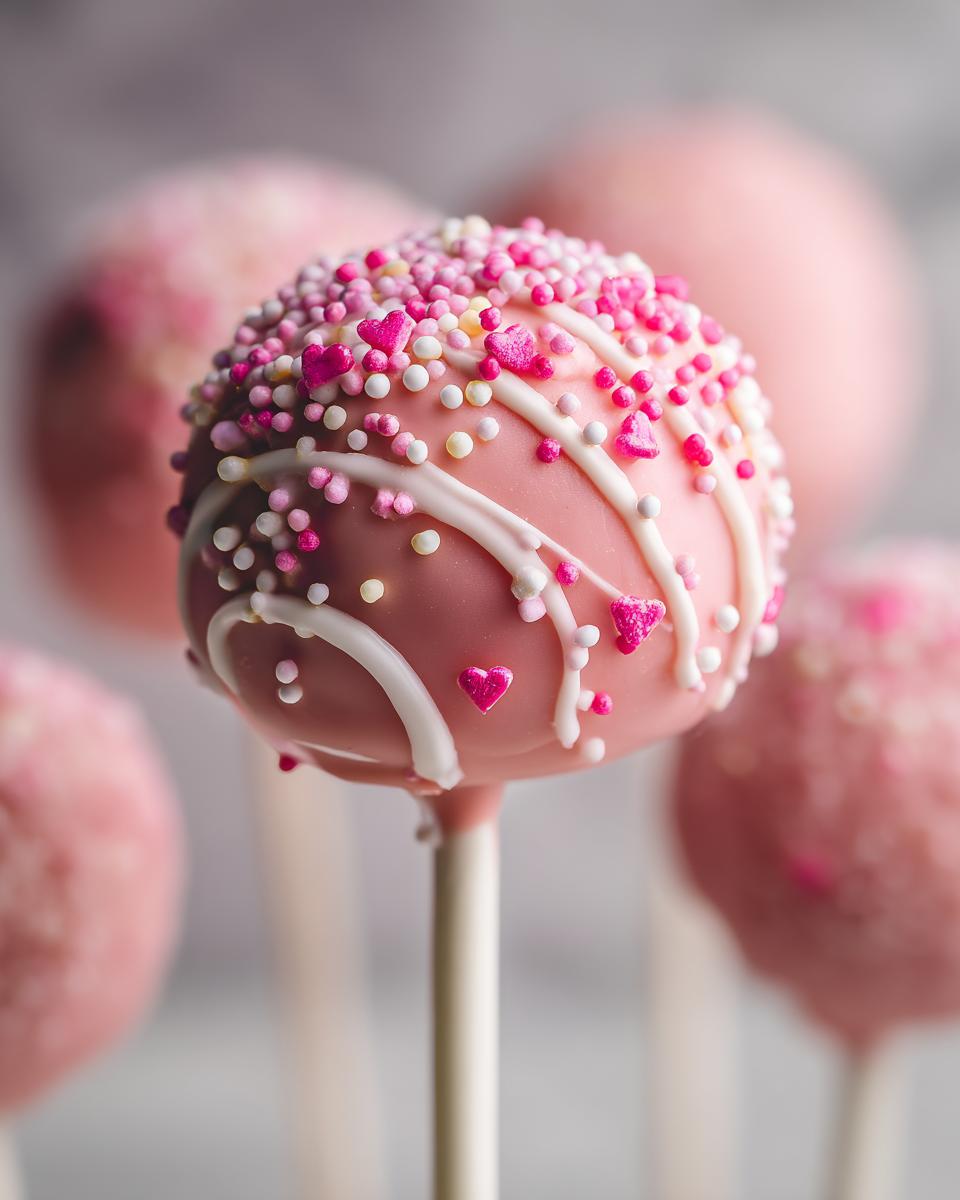 Close-up of a pink Donut Hole Cake Pop decorated with sprinkles and hearts for Valentine's Day.