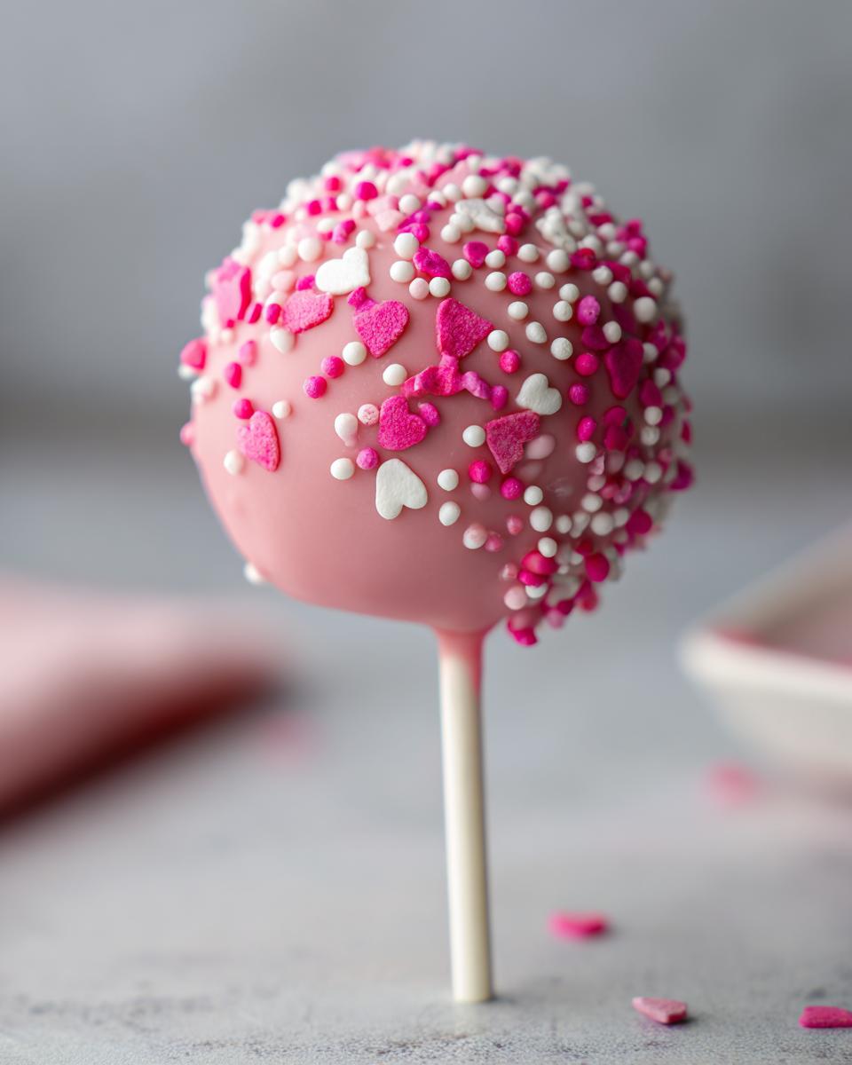 Close-up of a pink Donut Hole Cake Pop decorated with heart sprinkles for Valentine's Day.