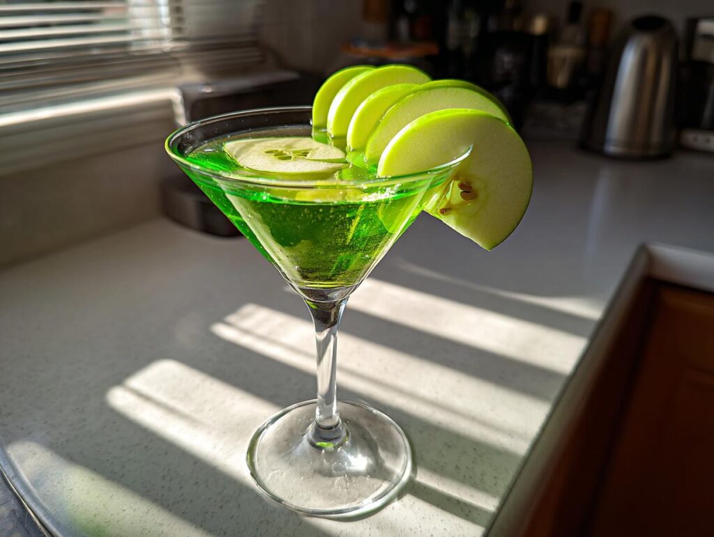 A vibrant Emerald Green Apple Martini garnished with fresh apple slices.