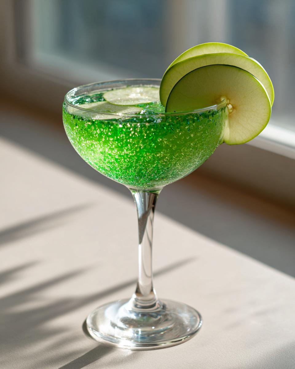 Close-up of a sparkling Emerald Green Apple Martini garnished with apple slices.